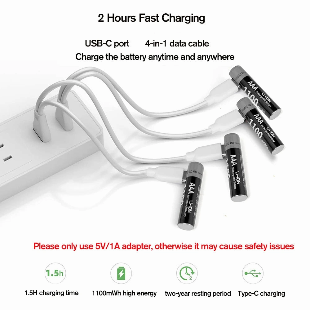 MATOV 1.5V AAA USB Li-ion Rechargeable Battery Aaa 1.5V 1100mWh Lithium Batteries with 4-in-1 Cable for Toys Camera Flashlight