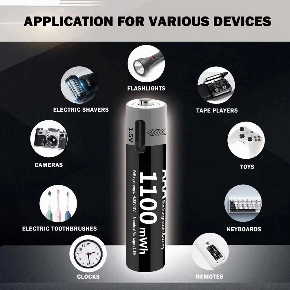 MATOV 1.5V AAA USB Li-ion Rechargeable Battery Aaa 1.5V 1100mWh Lithium Batteries with 4-in-1 Cable for Toys Camera Flashlight