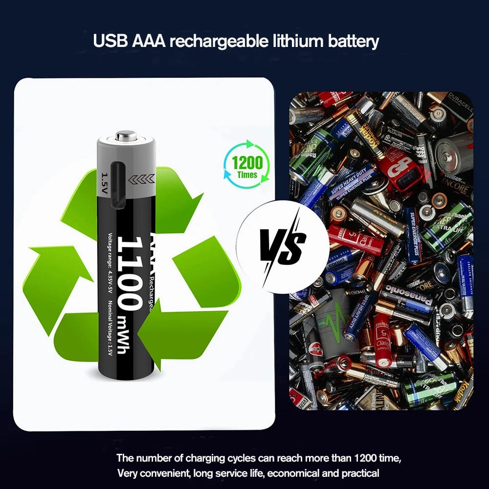 MATOV 1.5V AAA USB Li-ion Rechargeable Battery Aaa 1.5V 1100mWh Lithium Batteries with 4-in-1 Cable for Toys Camera Flashlight