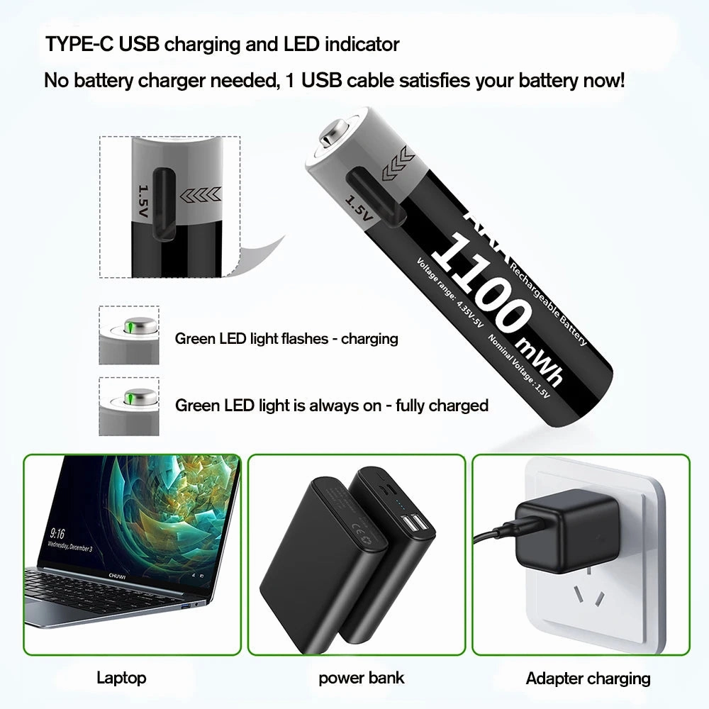 MATOV 1.5V AAA USB Li-ion Rechargeable Battery Aaa 1.5V 1100mWh Lithium Batteries with 4-in-1 Cable for Toys Camera Flashlight