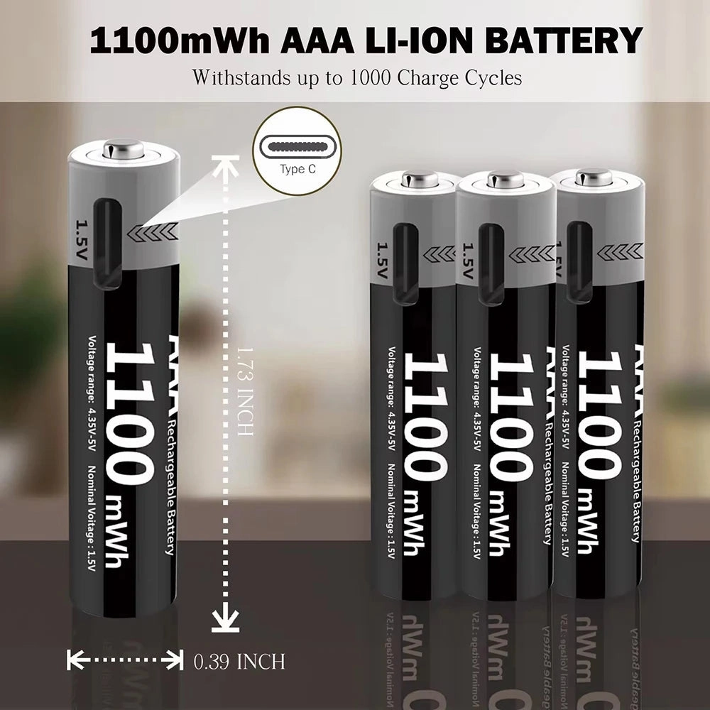 MATOV 1.5V AAA USB Li-ion Rechargeable Battery Aaa 1.5V 1100mWh Lithium Batteries with 4-in-1 Cable for Toys Camera Flashlight