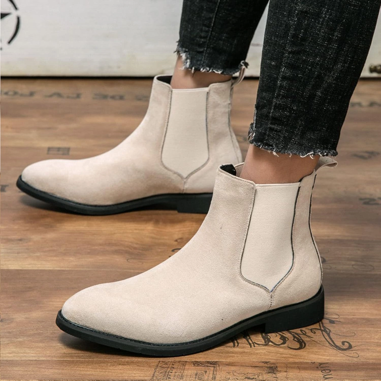 Men's Chelsea Boots Suede High-Top Classic Elastic Pull-on Business Casual Dress Oxford Chukka Ankle Short Booties