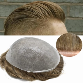 Mens Hair System Ultra Thin Skin Toupee For Men Transparent Super Thin Poly V-Looped Hair Piece For Men Toupee Protesis Capilar Para Hombre8x10#1720#17 DARK ASH BLONDE 20%GREY 90%Light density