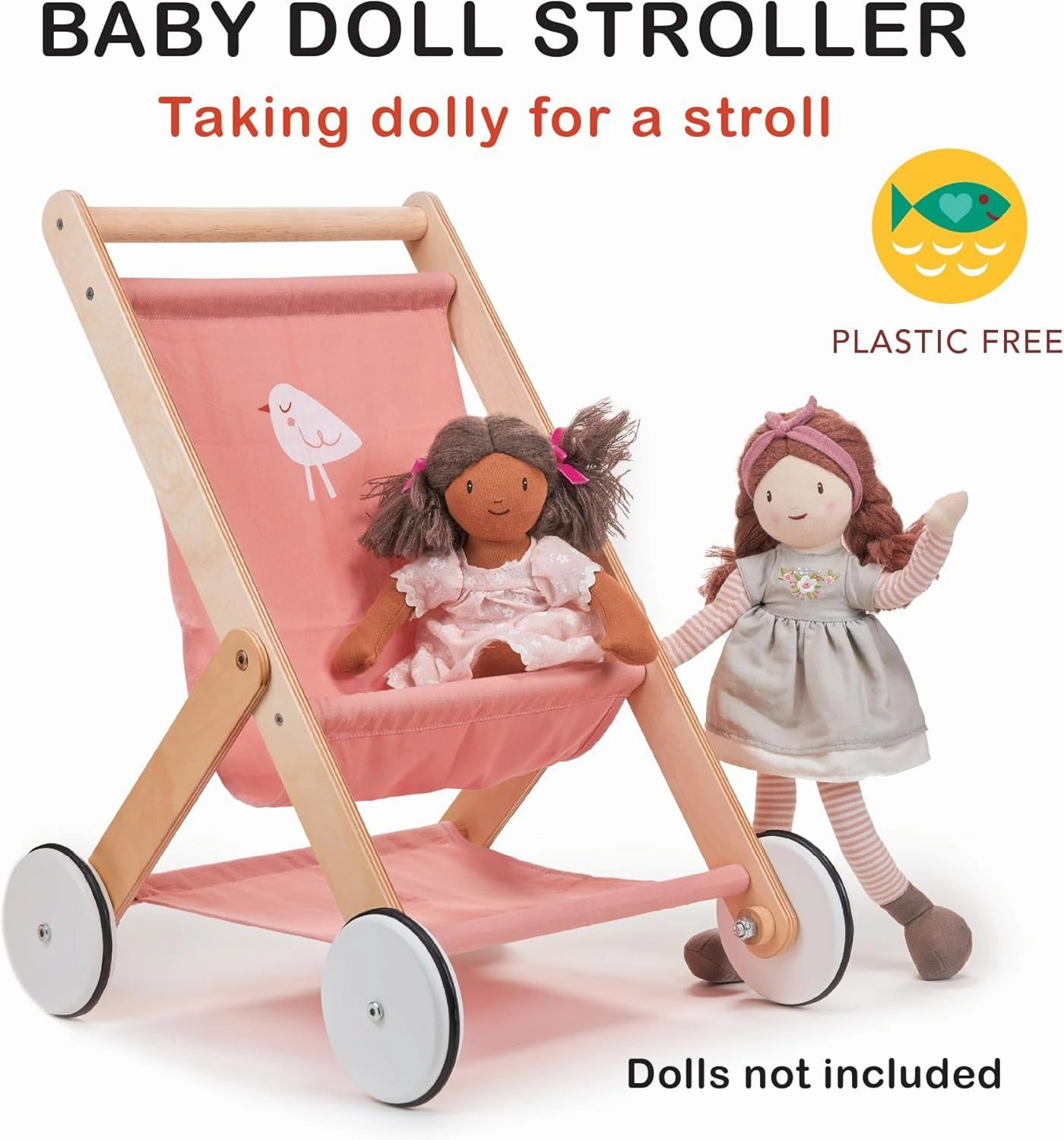 Mentari Toys - Baby Doll Stroller - Sturdy Wooden Toy Stroller with Rubber Trimmed Wheels - Pretend Play Baby Doll Accessories - Develop Empathy and Coordination in Little Walkers - Age 3 
