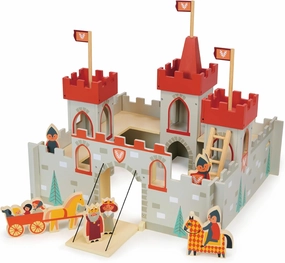 Mentari Toys - King’s Castle - Wooden Fortress Playset with 3 Towers, Drawbridge, Soldiers, Horse and Cart - Encourages Imaginative Play, Storytelling and Skill Development - Age 3 