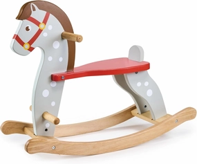 Mentari Toys - Rocking Horse - Sturdy Wooden Ride-On with Red Saddle and Harness - No-Tip Design, Grey with White Spots - Promotes Balance, Coordination and Imaginative Play - Age 12m 