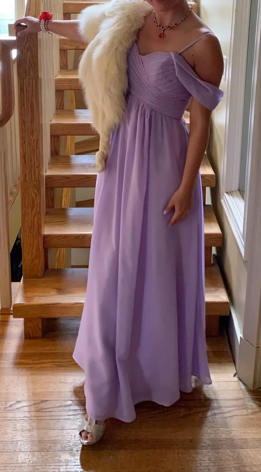 Miao Duo Off Shoulder Long Bridesmaid Dresses 2025 with Pockets A Line Chiffon Formal Dress for Women Wedding MD1201