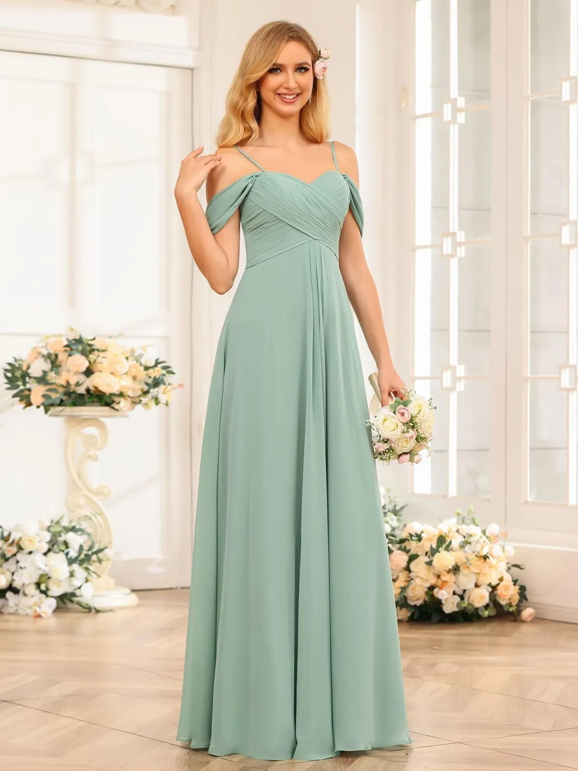 Miao Duo Off Shoulder Long Bridesmaid Dresses 2025 with Pockets A Line Chiffon Formal Dress for Women Wedding MD1201