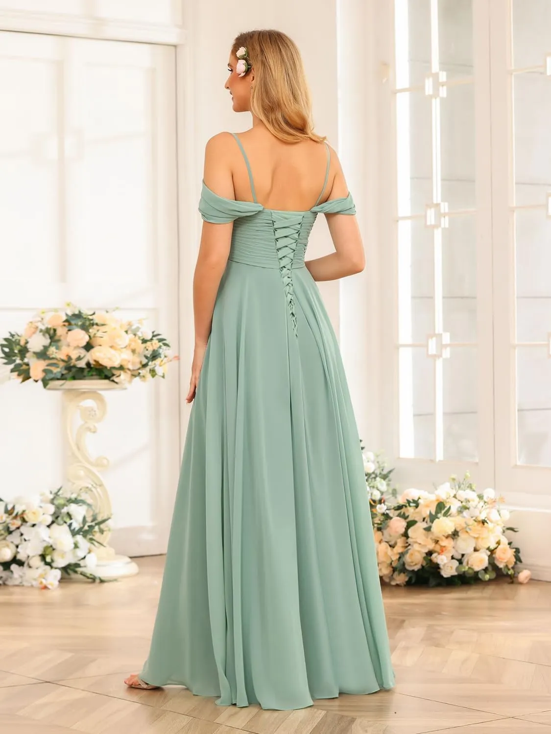 Miao Duo Off Shoulder Long Bridesmaid Dresses 2025 with Pockets A Line Chiffon Formal Dress for Women Wedding MD1201