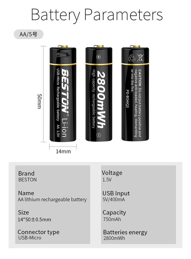 Micro USB 1.5V Li-ion BESTON  Rechargeable AA Battery for Toys