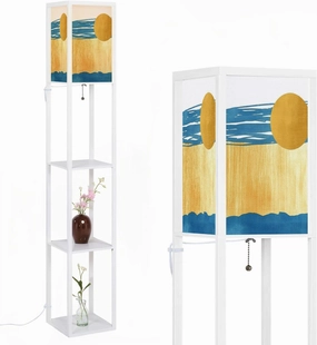 minimal watercolor abstract texture contemporary japan art blue gold Floor Lamps with Shelves, Modern Standing Lamp Narrow Corner Display Bookshelf Lamp for Living Room, Bedroom, Office Decor