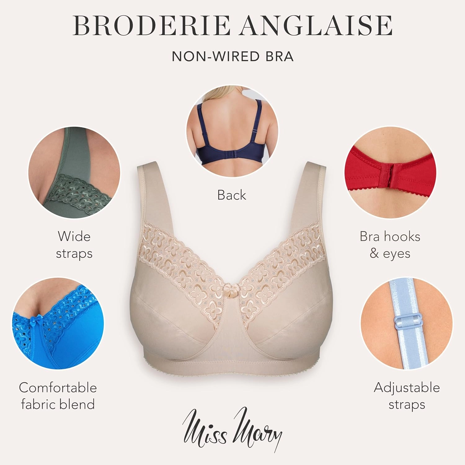 Miss Mary - Broderie Anglaise, Non Wired Bras for Women, Everyday Bras, Comfortable Cotton, Supportive with Full Coverage