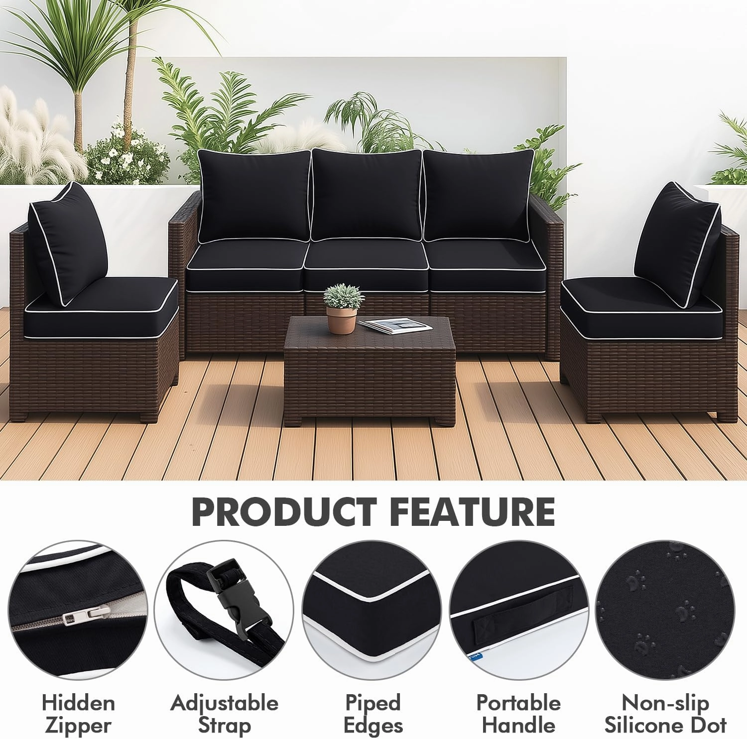 MIULEE Outdoor Seat Cushion Set Black 24 x 24 x 4 Inch Waterproof & Fade Resistant Deep Seat and Back Patio Furniture Cushions with Handle and Adjustable Straps Cushions for Chair Couch
