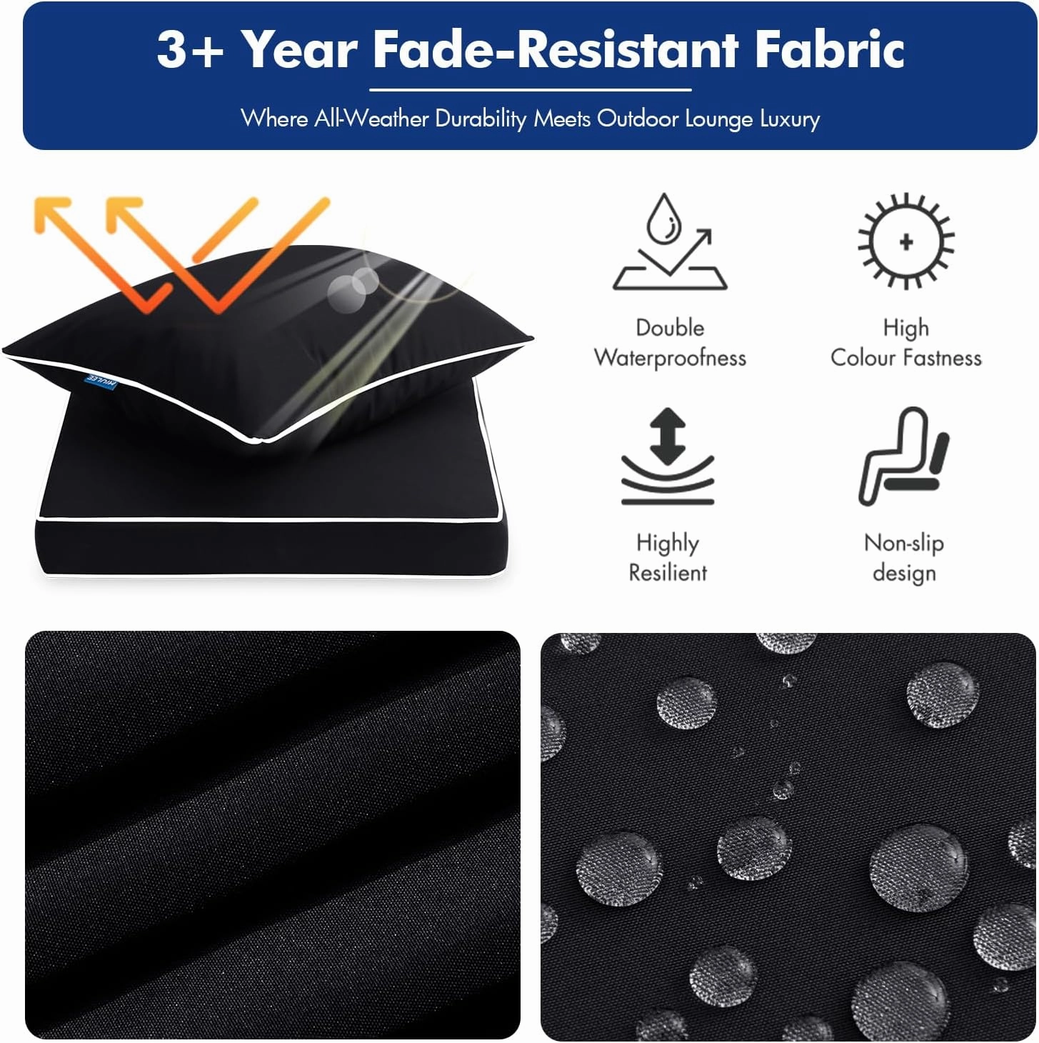 MIULEE Outdoor Seat Cushion Set Black 24 x 24 x 4 Inch Waterproof & Fade Resistant Deep Seat and Back Patio Furniture Cushions with Handle and Adjustable Straps Cushions for Chair Couch