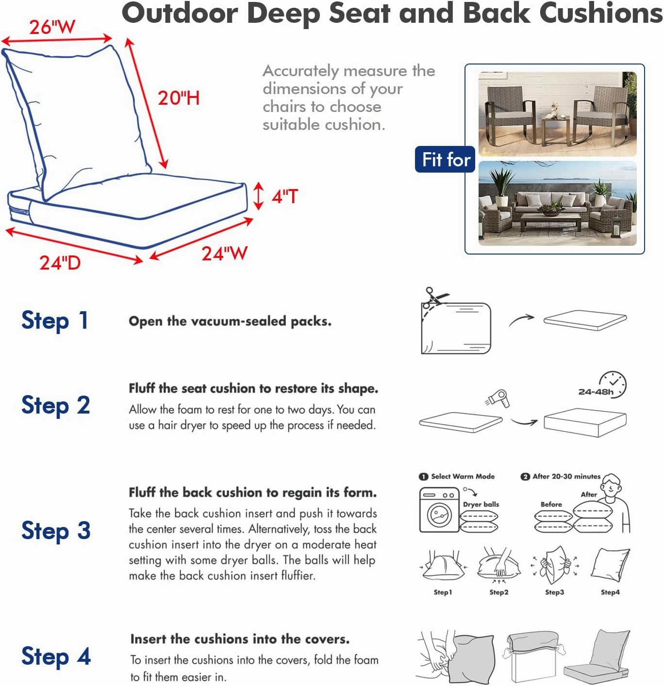 MIULEE Outdoor Seat Cushion Set Black 24 x 24 x 4 Inch Waterproof & Fade Resistant Deep Seat and Back Patio Furniture Cushions with Handle and Adjustable Straps Cushions for Chair Couch