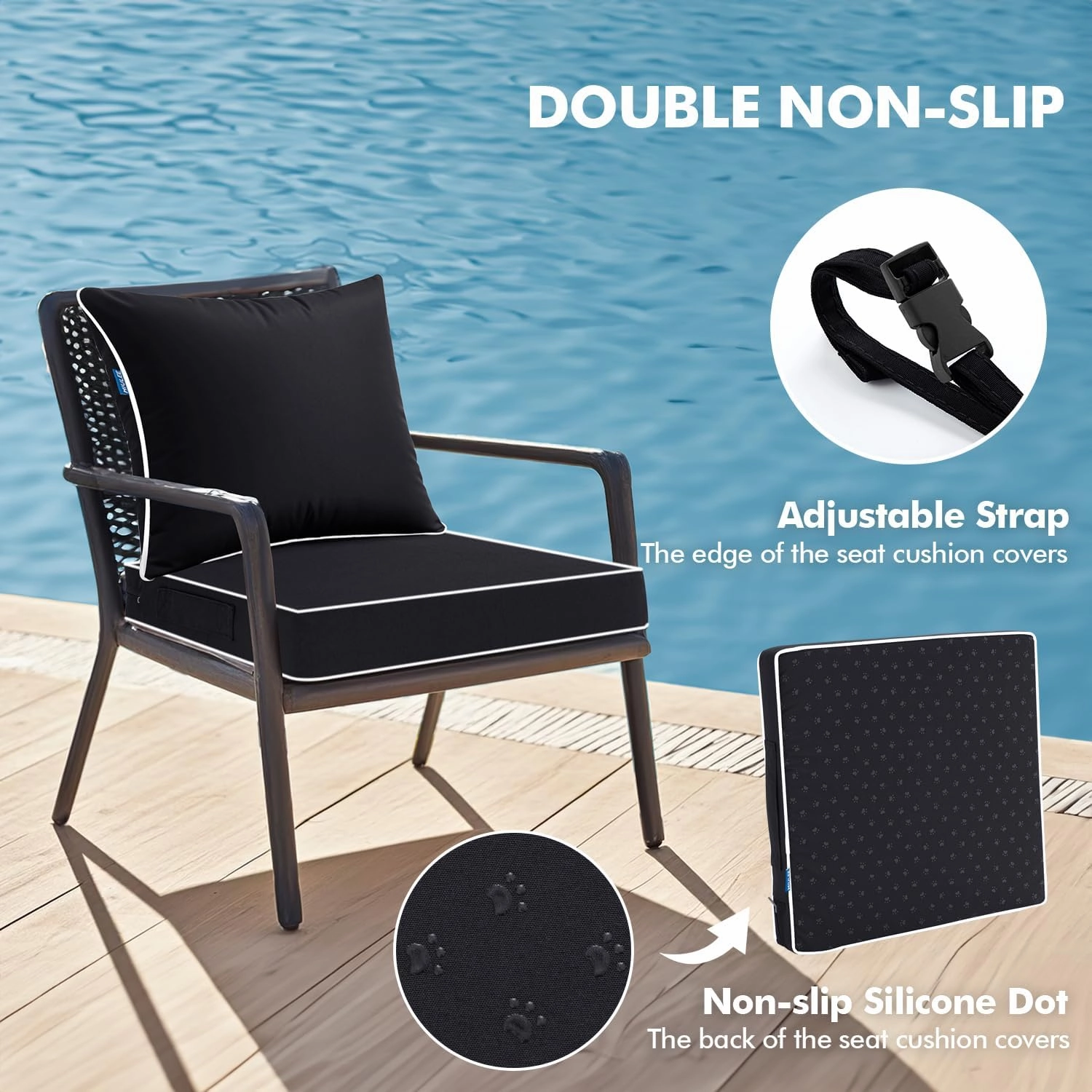 MIULEE Outdoor Seat Cushion Set Black 24 x 24 x 4 Inch Waterproof & Fade Resistant Deep Seat and Back Patio Furniture Cushions with Handle and Adjustable Straps Cushions for Chair Couch