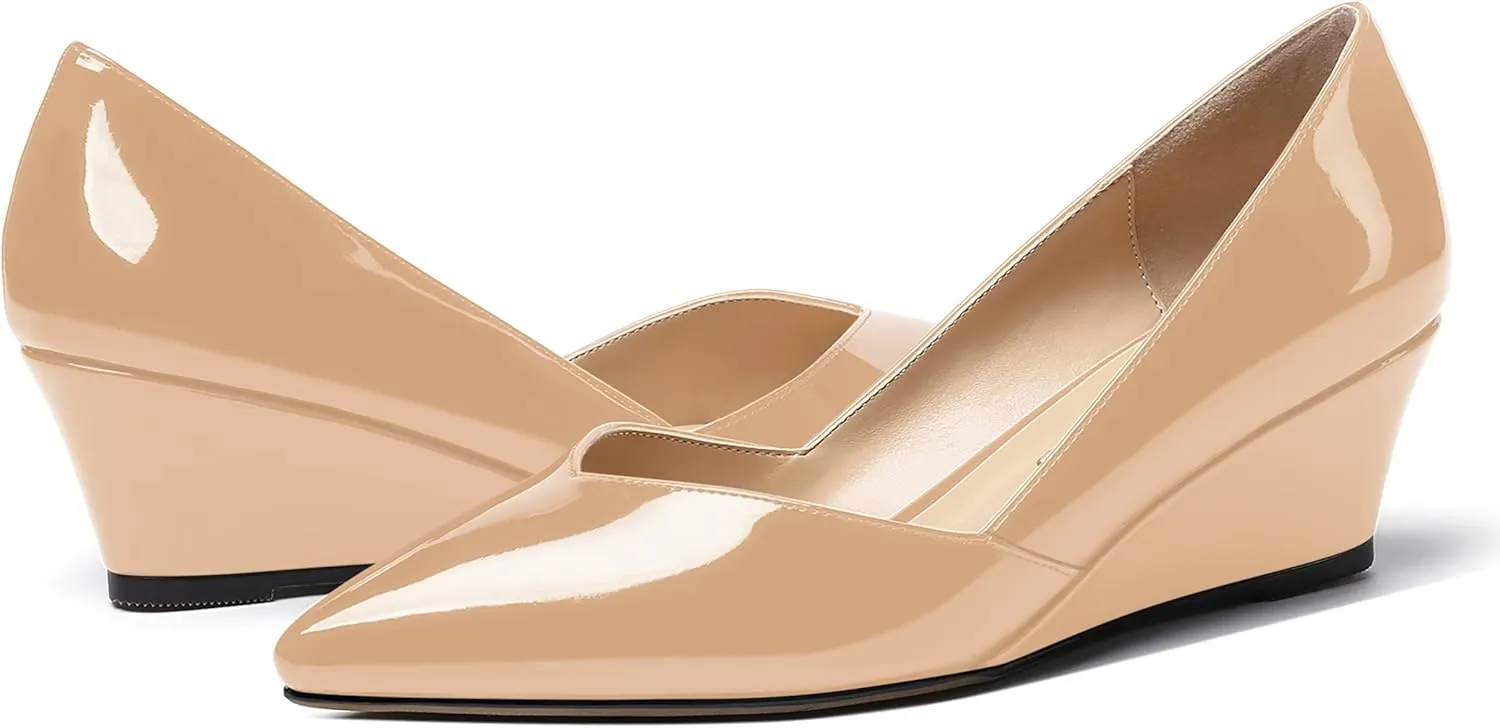 MODENCOCO Women's Slip On Professional Office Pointed Toe Patent Wedge Low Heel Pumps Shoes 2 Inch