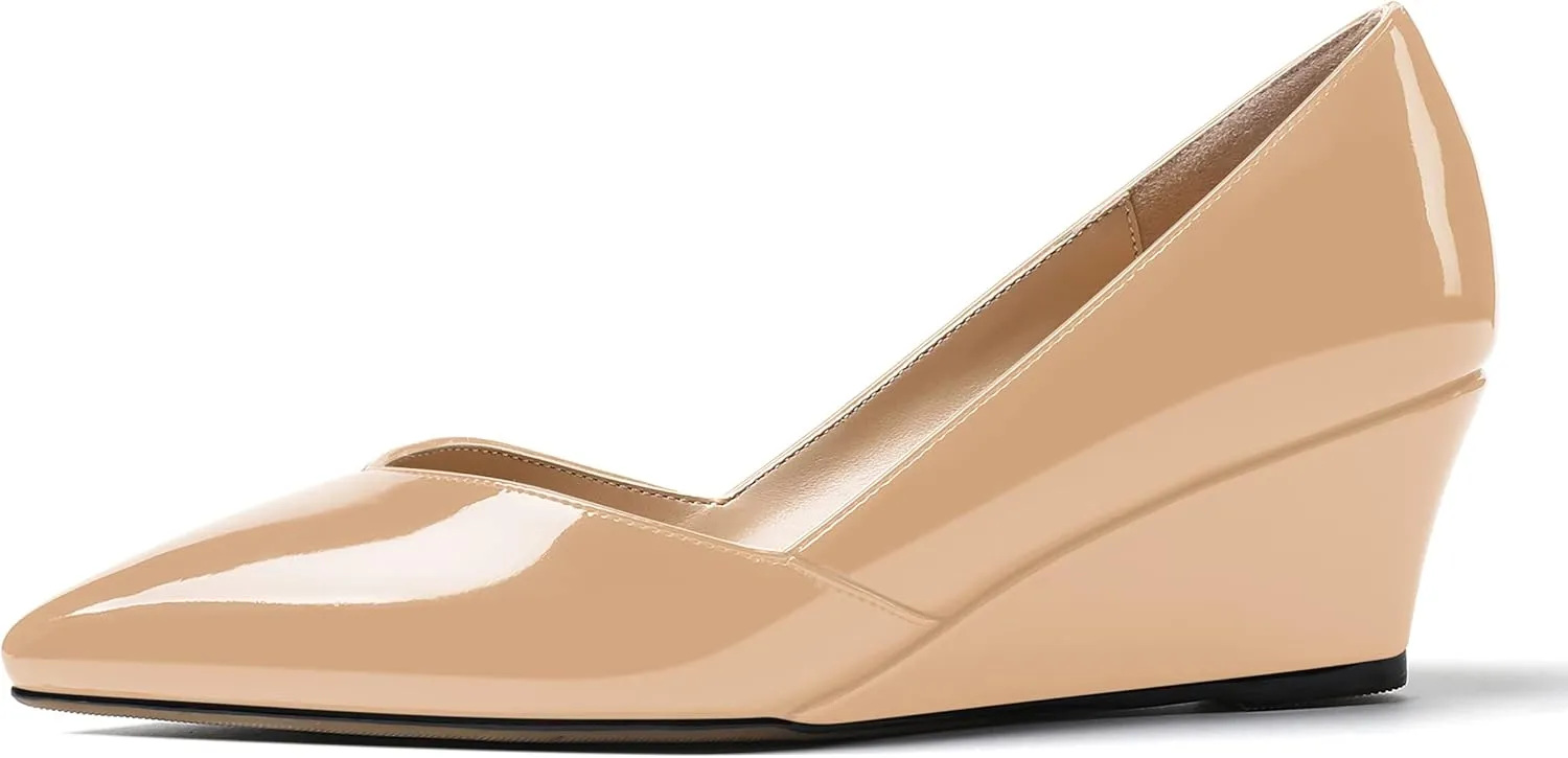 MODENCOCO Women's Slip On Professional Office Pointed Toe Patent Wedge Low Heel Pumps Shoes 2 Inch