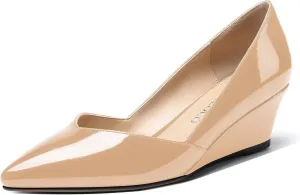 MODENCOCO Women's Slip On Professional Office Pointed Toe Patent Wedge Low Heel Pumps Shoes 2 Inch