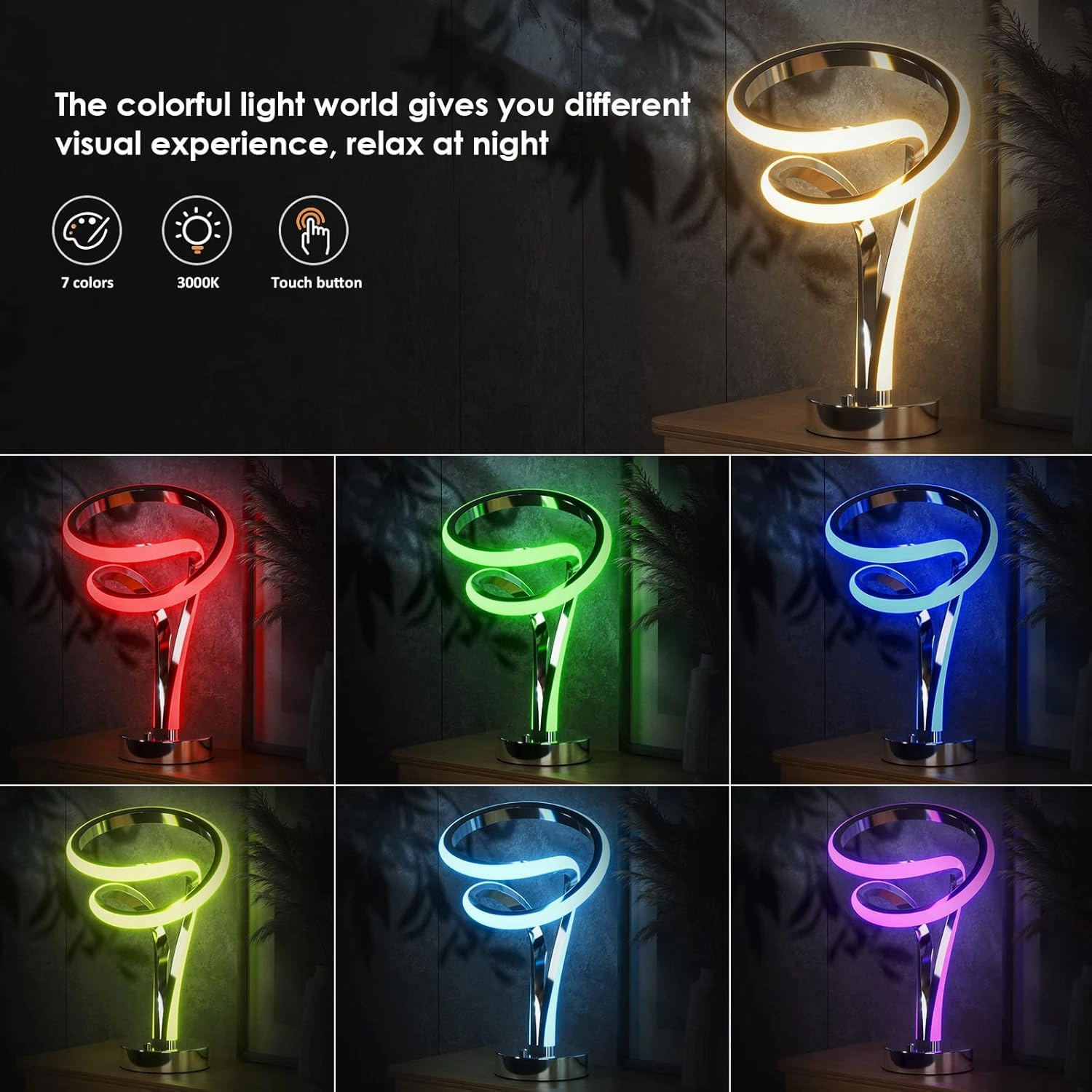 Modern Spiral RGB Table Lamp, Touch Dimmable LED Nightstand Lamp, 10 Light Modes Bedroom lamp, Unique Lamps for Home Decor Living Room Bedroom Office, Cool Lamps for Ideal Wish List