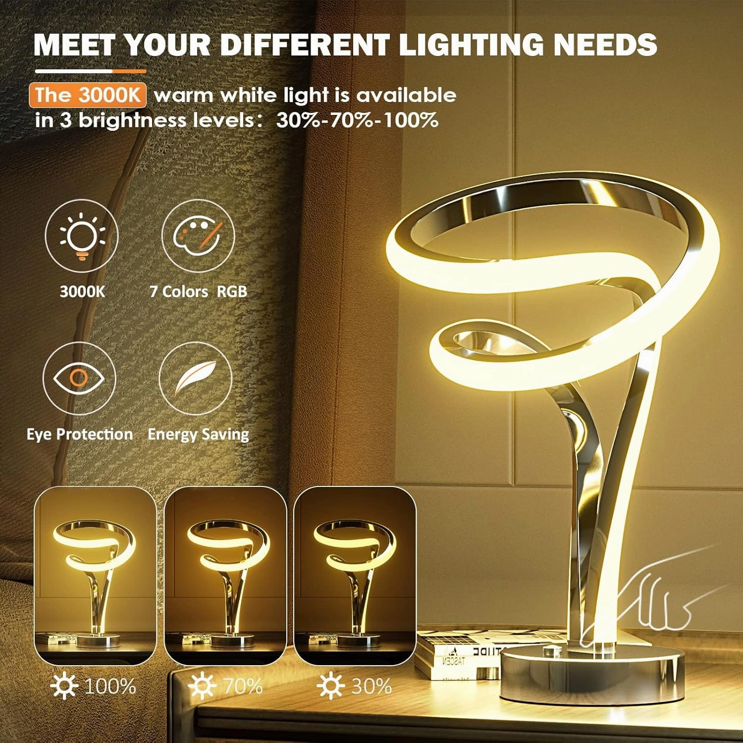 Modern Spiral RGB Table Lamp, Touch Dimmable LED Nightstand Lamp, 10 Light Modes Bedroom lamp, Unique Lamps for Home Decor Living Room Bedroom Office, Cool Lamps for Ideal Wish List