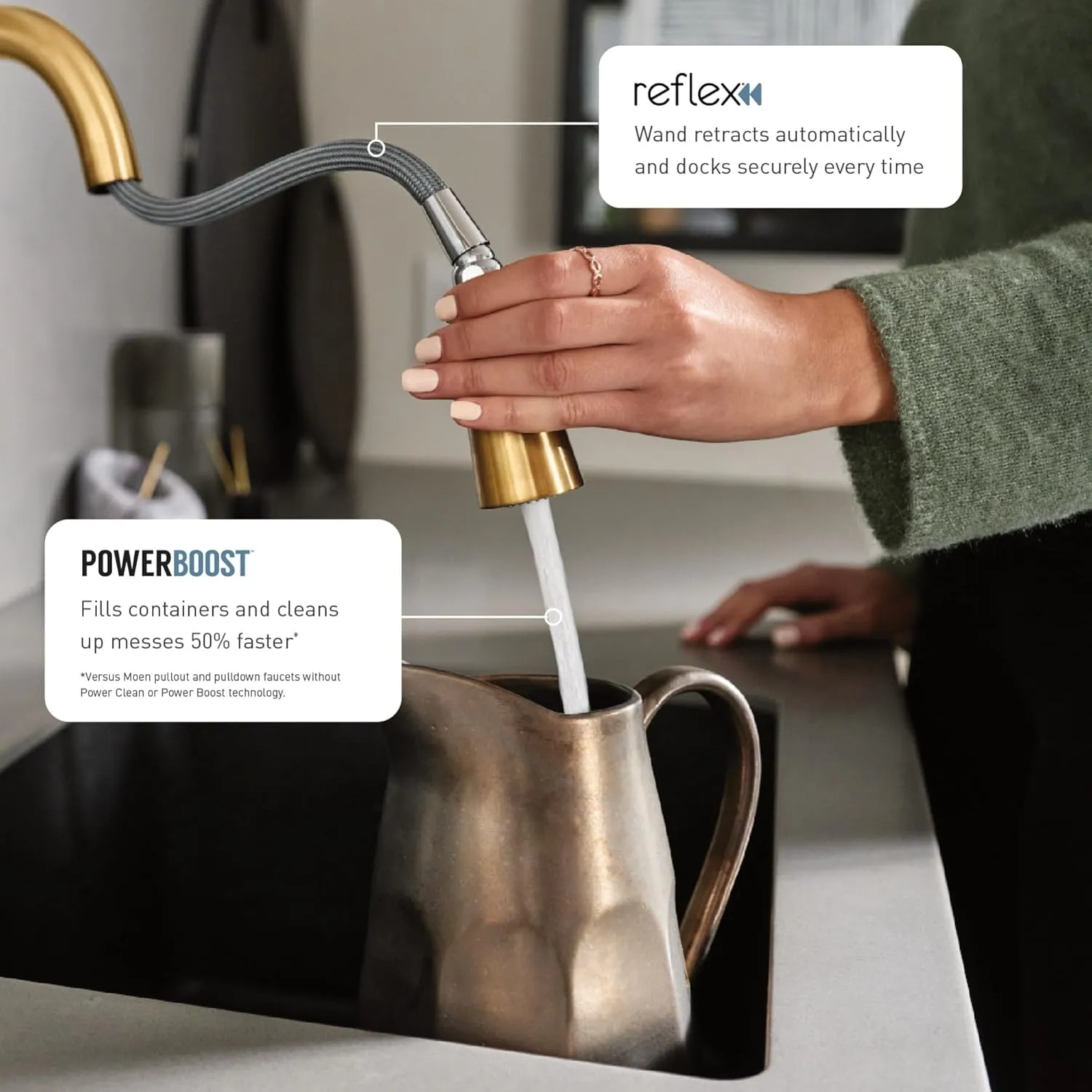 Moen Align Brushed Gold Smart Faucet Touchless Kitchen Faucet with Pull Down Sprayer, Modern Kitchen Sink Faucet with Voice Control and Power Boost, 7565EVBG