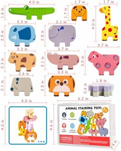 Montessori Toys for 1 2 3 4 Year Old Boys Girls, Toddler Toys Age 2-4, 1 2 3 4 Year Old Girl Boy Birthday Gifts, 10 pack Wooden Animal Blocks Sorting & Stacking Education Toddler Puzzles Toys