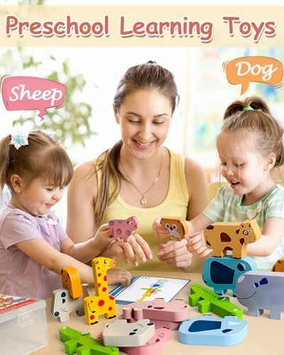 Montessori Toys for 1 2 3 4 Year Old Boys Girls, Toddler Toys Age 2-4, 1 2 3 4 Year Old Girl Boy Birthday Gifts, 10 pack Wooden Animal Blocks Sorting & Stacking Education Toddler Puzzles Toys
