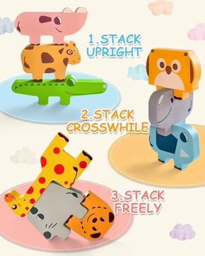 Montessori Toys for 1 2 3 4 Year Old Boys Girls, Toddler Toys Age 2-4, 1 2 3 4 Year Old Girl Boy Birthday Gifts, 10 pack Wooden Animal Blocks Sorting & Stacking Education Toddler Puzzles Toys