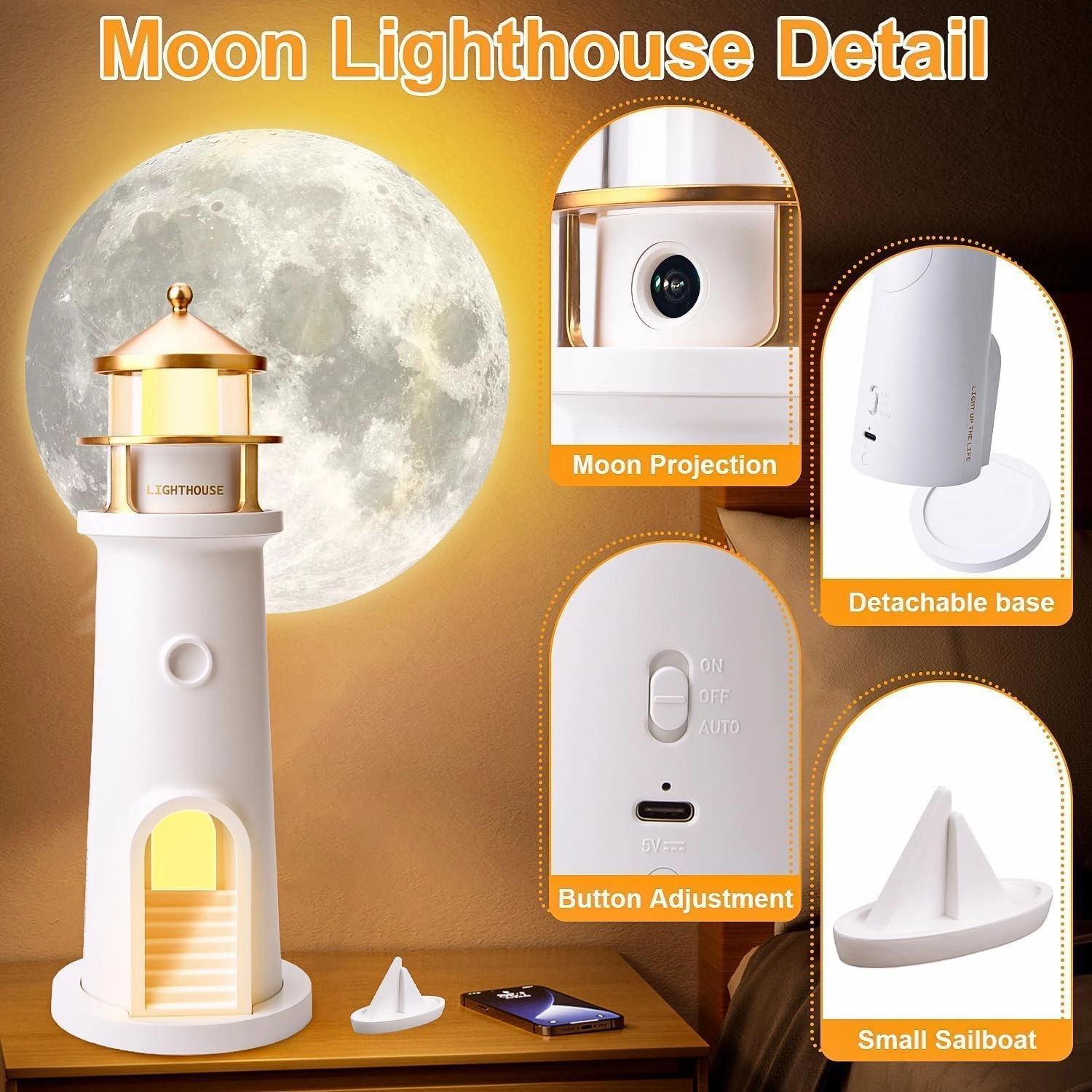 Moon Lighthouse Lamp, LED Moonlight Projector Lamp,Moon Projector Desk lamp with Human Body Sensor,Children Starry Sky Night Light,Suitable for Bedroom, Living Room, Desk, Lighthouse Gift
