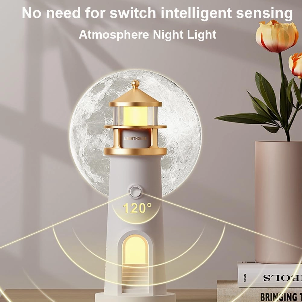 Moon Lighthouse Lamp, LED Moonlight Projector Lamp,Moon Projector Desk lamp with Human Body Sensor,Children Starry Sky Night Light,Suitable for Bedroom, Living Room, Desk, Lighthouse Gift
