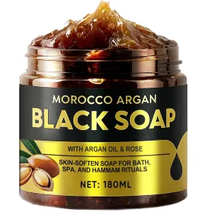 Moroccan Black Soap, Organic & Natural Exfoliating Body Soap for Hydration & Moisturizing, Deep Cleansing, Dead Skin Removal, Argan Oil Enriched, 100% Pure for Face & Body