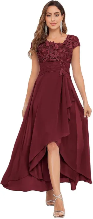 Mother of The Bride Dresses Chiffon Short Sleeve with Tea Length A-line Lace Applique Formal Evening Gown