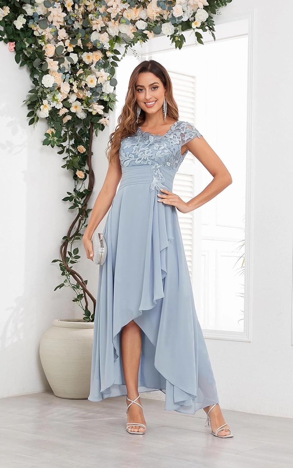 Mother of The Bride Dresses Chiffon Short Sleeve with Tea Length A-line Lace Applique Formal Evening Gown