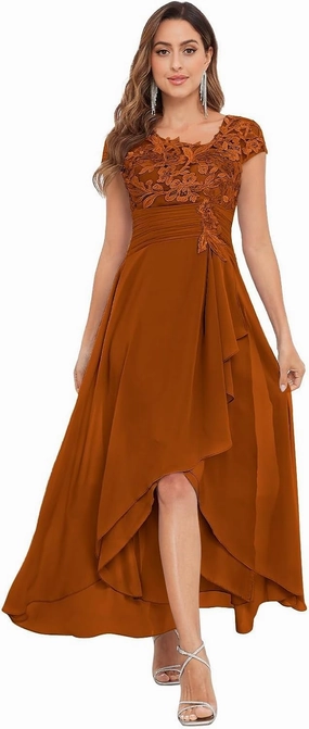 Mother of The Bride Dresses Chiffon Short Sleeve with Tea Length A-line Lace Applique Formal Evening Gown