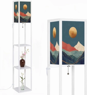 Mountain Landscape line Art Pattern Mid Century Modern Art Print Floor Lamps with Shelves, Modern Standing Lamp Narrow Corner Display Bookshelf Lamp for Living Room, Bedroom, Office Decor