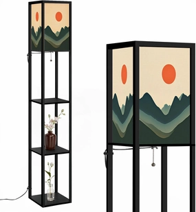Mountain Sky Sun Paper Cut Style Flat Abstract Hand Drawn Trendy Floor Lamps with Shelves, Modern Standing Lamp Narrow Corner Display Bookshelf Lamp for Living Room, Bedroom, Office Decor