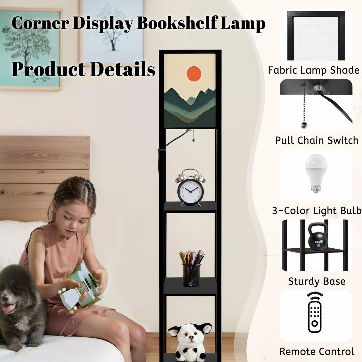 Mountain Sky Sun Paper Cut Style Flat Abstract Hand Drawn Trendy Floor Lamps with Shelves, Modern Standing Lamp Narrow Corner Display Bookshelf Lamp for Living Room, Bedroom, Office Decor
