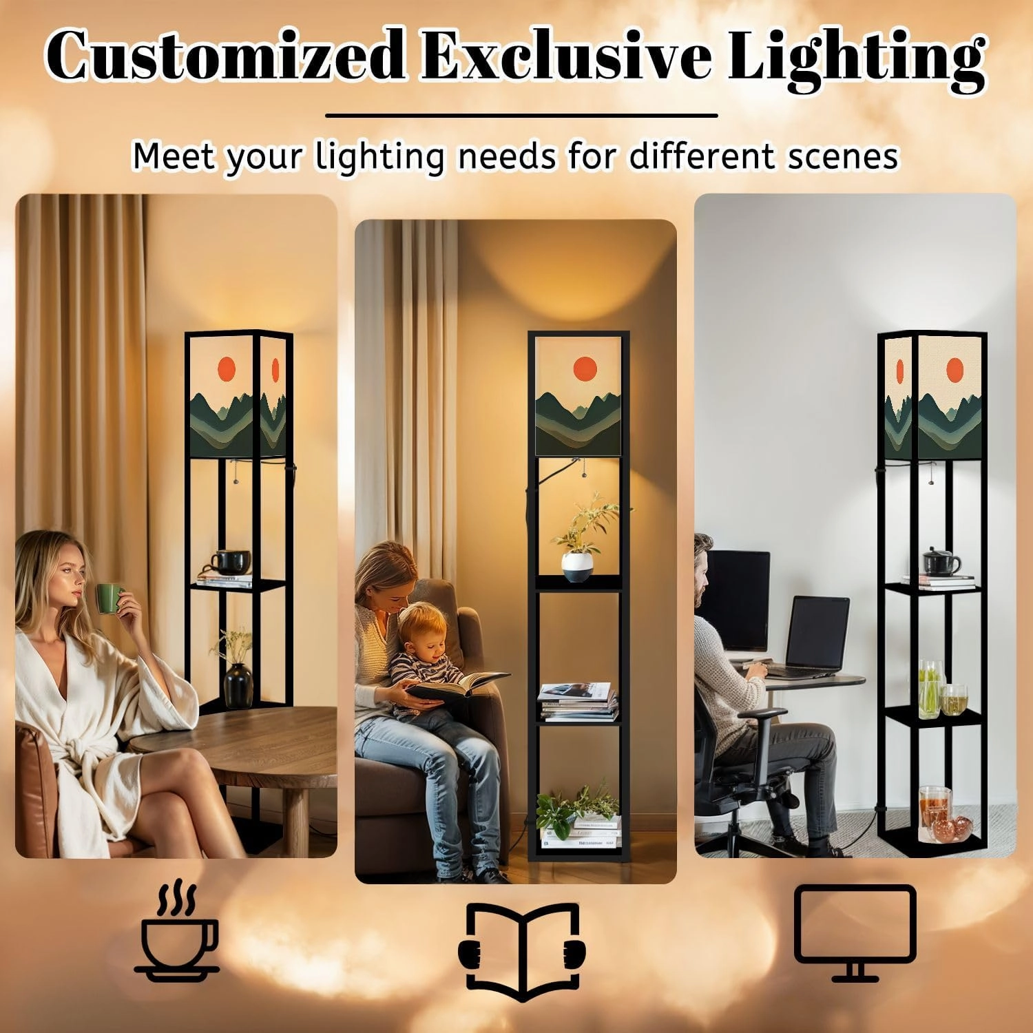 Mountain Sky Sun Paper Cut Style Flat Abstract Hand Drawn Trendy Floor Lamps with Shelves, Modern Standing Lamp Narrow Corner Display Bookshelf Lamp for Living Room, Bedroom, Office Decor