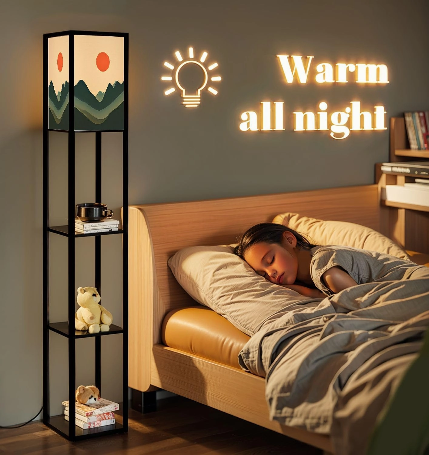Mountain Sky Sun Paper Cut Style Flat Abstract Hand Drawn Trendy Floor Lamps with Shelves, Modern Standing Lamp Narrow Corner Display Bookshelf Lamp for Living Room, Bedroom, Office Decor