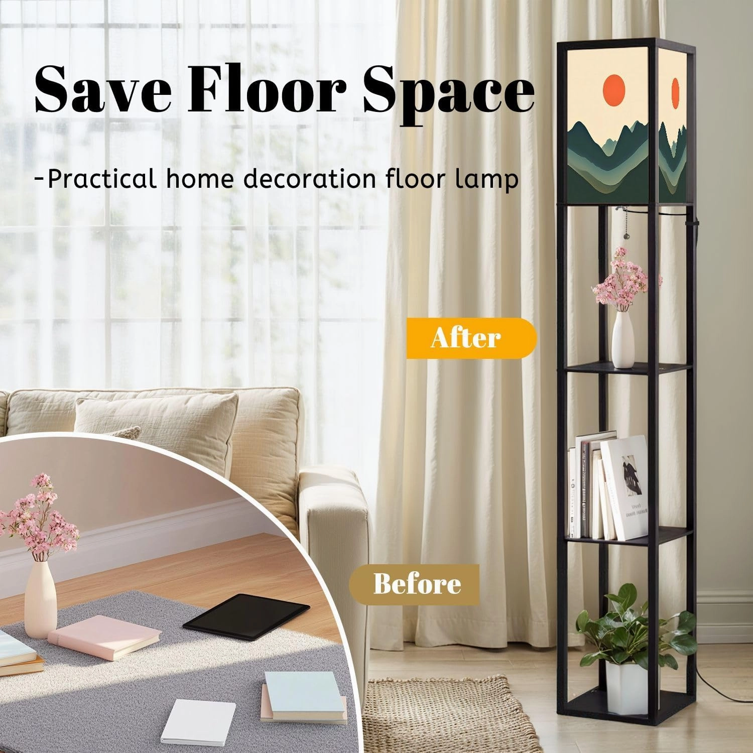 Mountain Sky Sun Paper Cut Style Flat Abstract Hand Drawn Trendy Floor Lamps with Shelves, Modern Standing Lamp Narrow Corner Display Bookshelf Lamp for Living Room, Bedroom, Office Decor