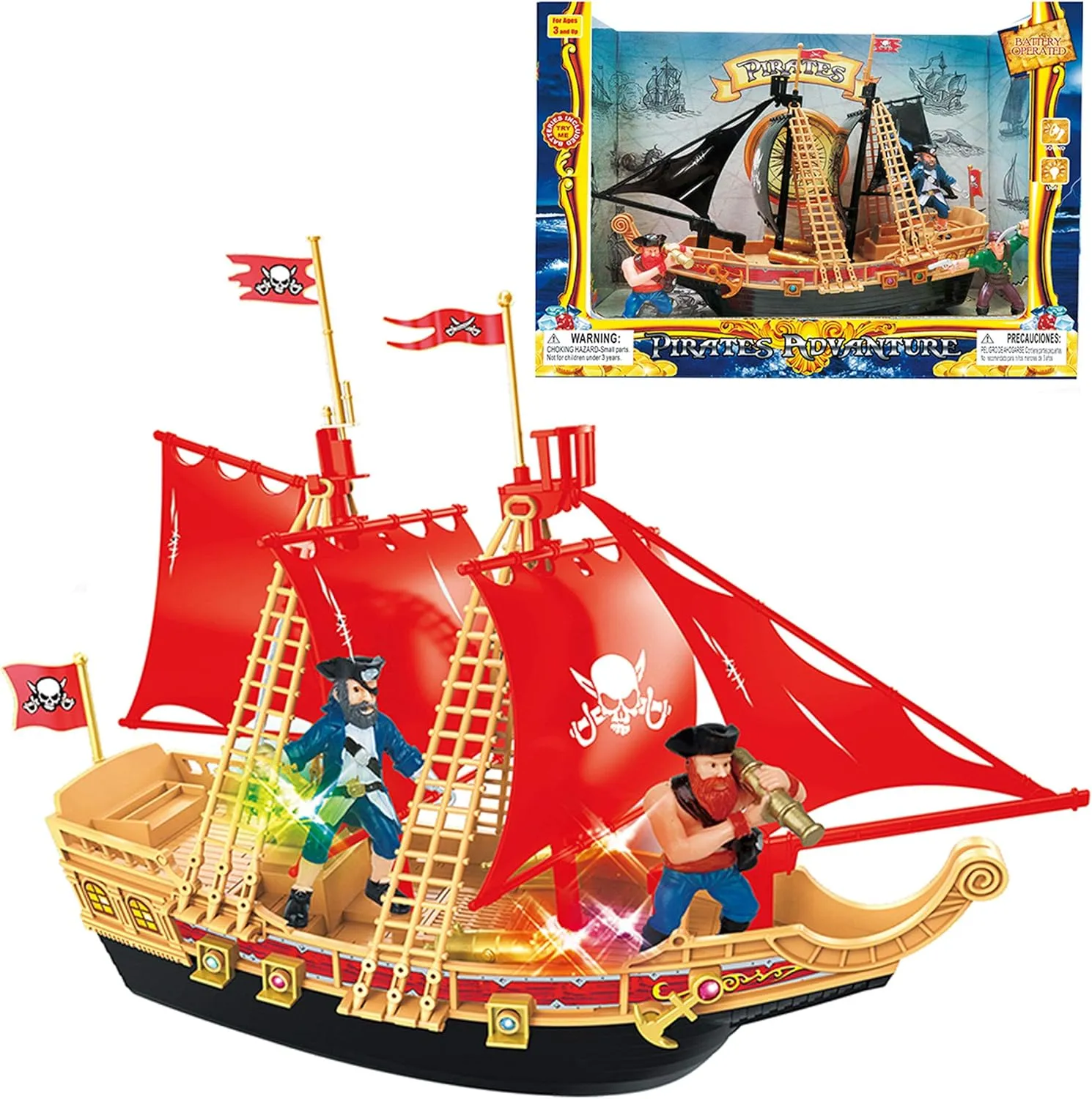 Mozlly Pirate Ship Toy Play Set with Lights and Sound – Colorful Ship Kit for Kids – Assembled Pirate Toy Ship Model Boat with Pirate Figures – 11.5 Inch (Colors Vary)