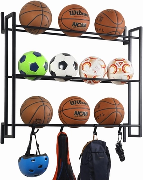MyGift Deluxe Modern Matte Black Metal Wall Mounted Sports Ball Rack - Gym Exercise Equipment Storage Organizer Shelf Display with 4 S-Hooks