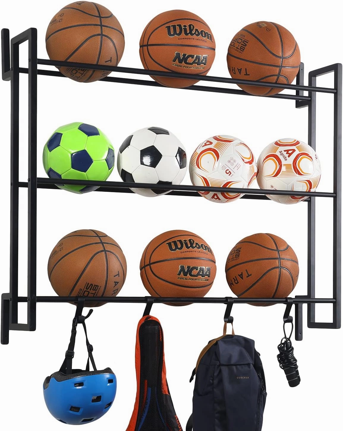 MyGift Deluxe Modern Matte Black Metal Wall Mounted Sports Ball Rack - Gym Exercise Equipment Storage Organizer Shelf Display with 4 S-Hooks