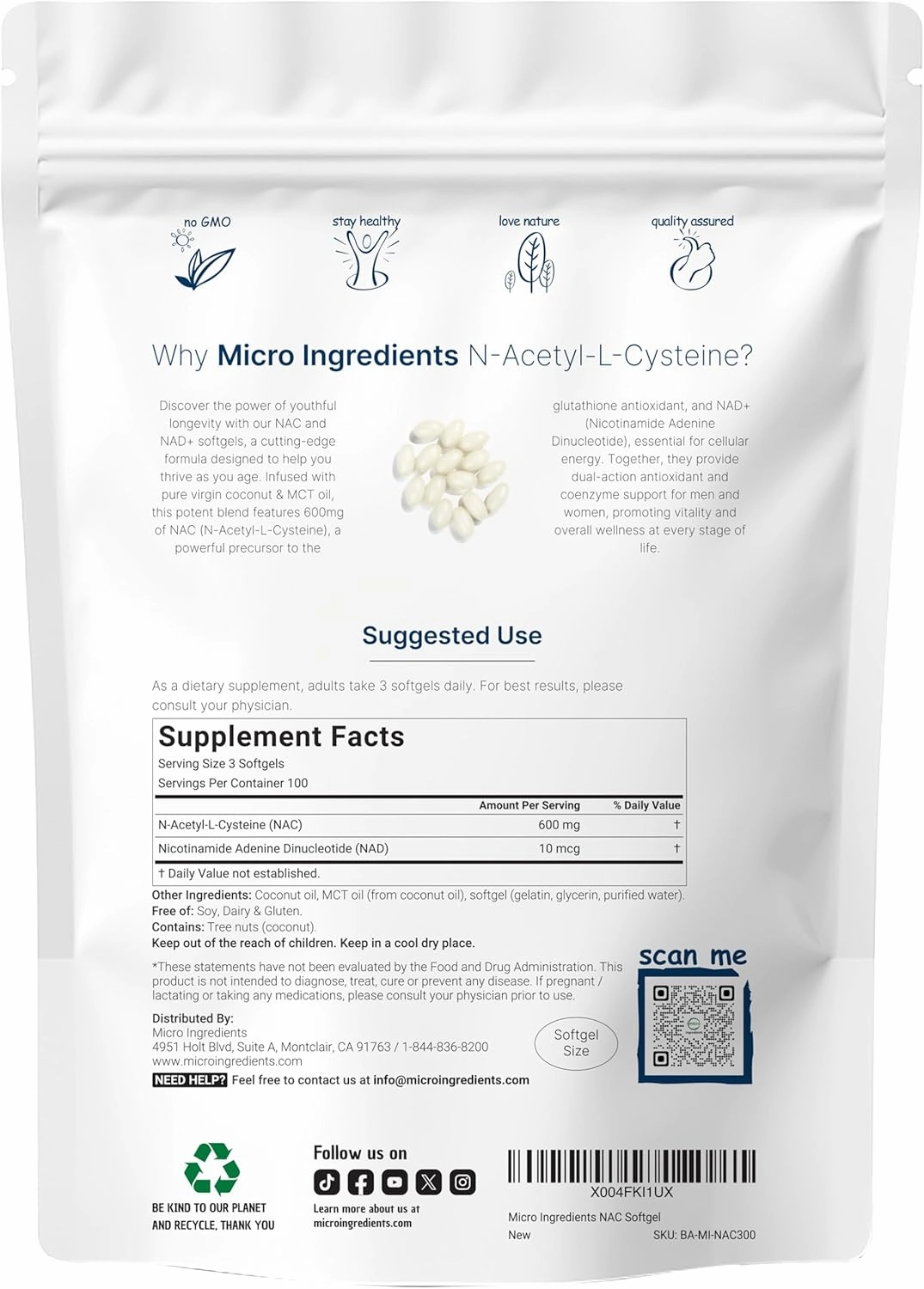 NAC 600mg with NAD , 300 Coconut MCT Oil Softgels | N Acetyl L Cysteine & Nicotinamide Forms for Better Absorption | Antioxidant Supplement | Promotes Energy & Youthful Aging | Non-GMO