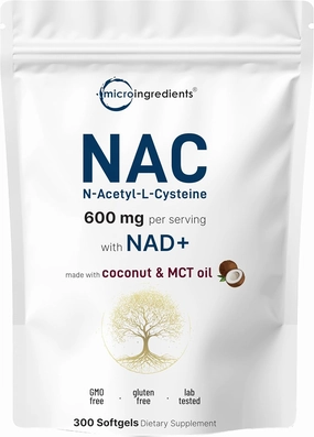 NAC 600mg with NAD , 300 Coconut MCT Oil Softgels | N Acetyl L Cysteine & Nicotinamide Forms for Better Absorption | Antioxidant Supplement | Promotes Energy & Youthful Aging | Non-GMO