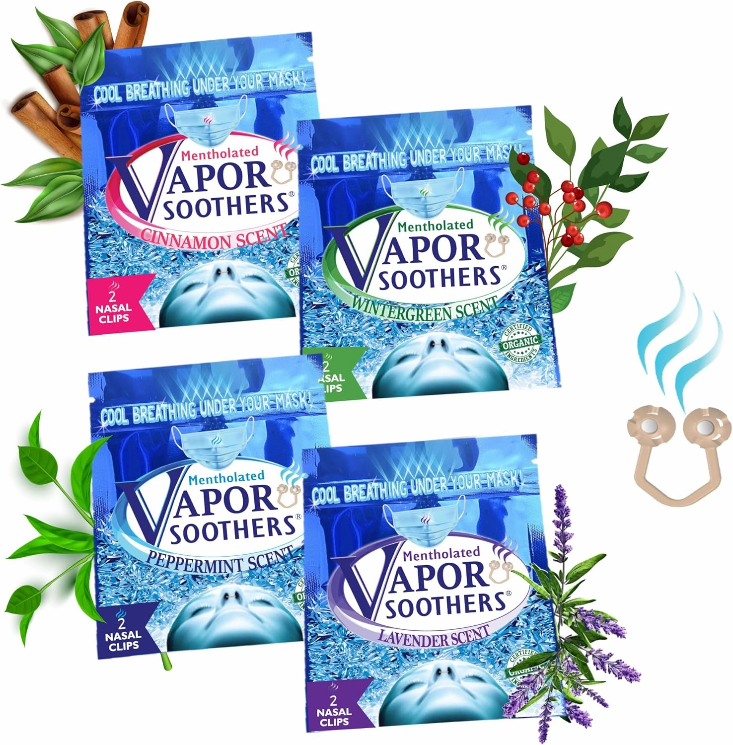 Nasal Dilator Clips, Cool & Easy Breathing Under Your Mask, 4-Scent Variety Pack (Peppermint, Wintergreen, Cinnamon, Lavender), 8 Count, Instant Nasal Congestion Relief, Drug-Free