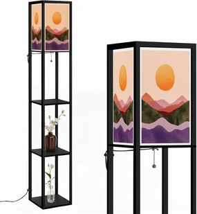 Natural Abstract Mountain Forest Hill Sun Set Mid Century Modern Floor Lamps with Shelves, Modern Standing Lamp Narrow Corner Display Bookshelf Lamp for Living Room, Bedroom, Office Decor
