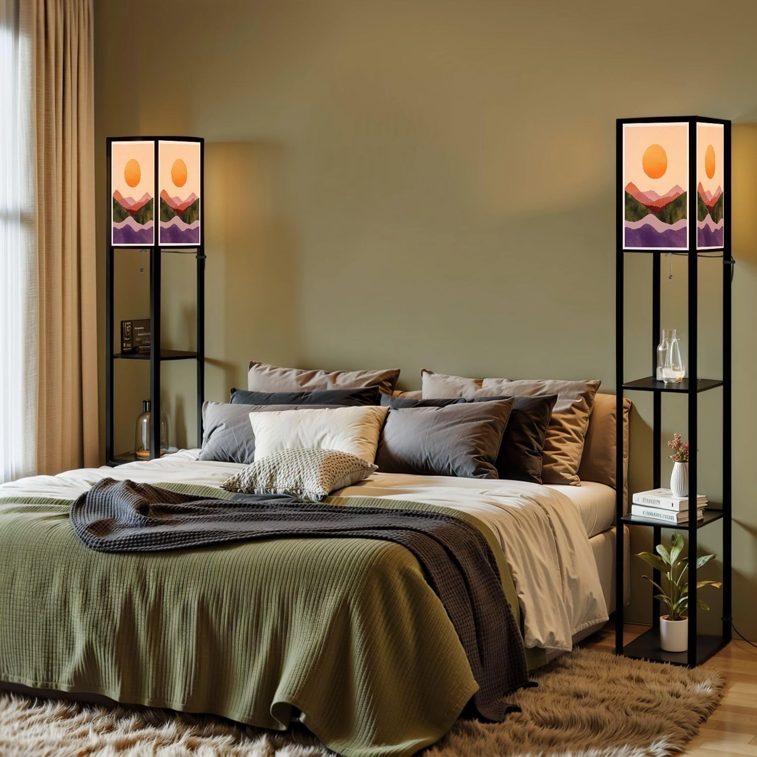 Natural Abstract Mountain Forest Hill Sun Set Mid Century Modern Floor Lamps with Shelves, Modern Standing Lamp Narrow Corner Display Bookshelf Lamp for Living Room, Bedroom, Office Decor