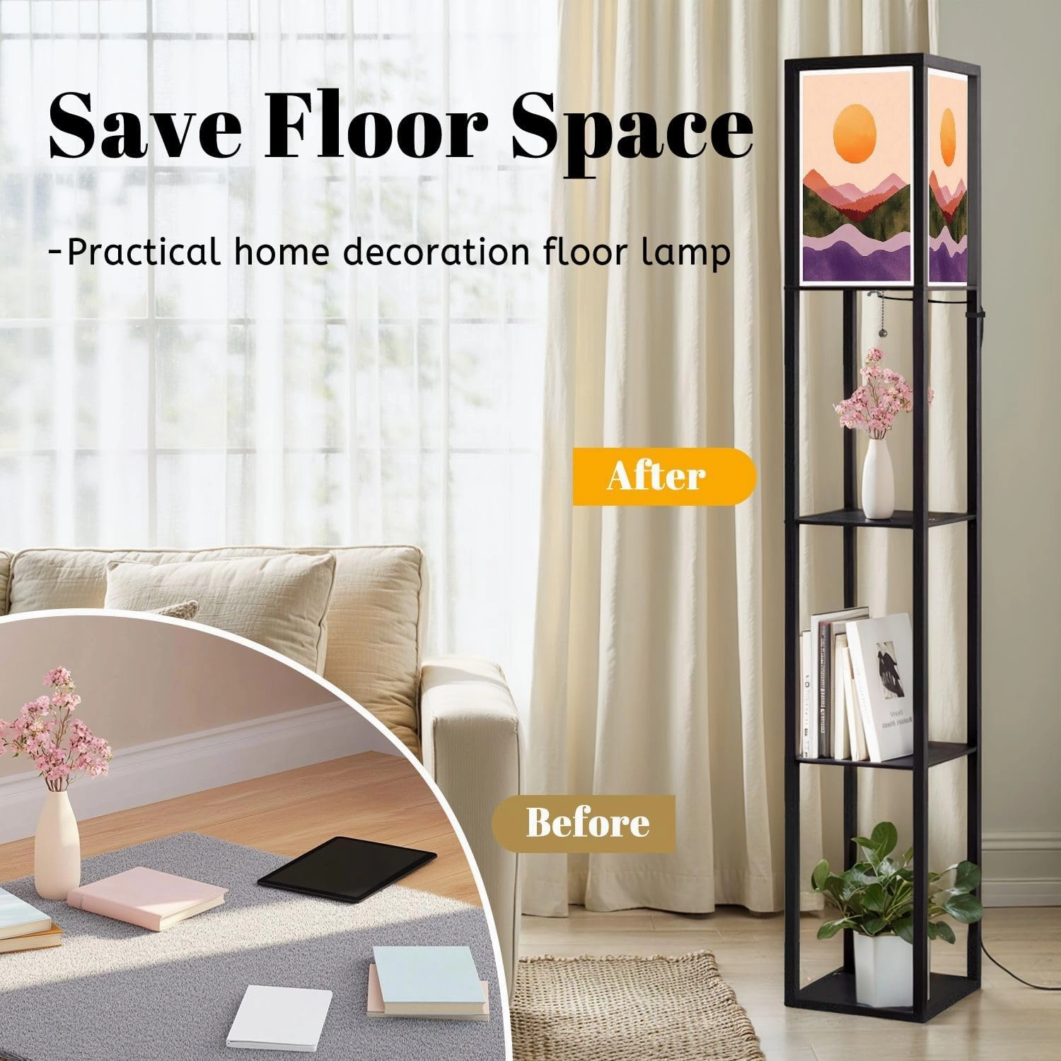 Natural Abstract Mountain Forest Hill Sun Set Mid Century Modern Floor Lamps with Shelves, Modern Standing Lamp Narrow Corner Display Bookshelf Lamp for Living Room, Bedroom, Office Decor